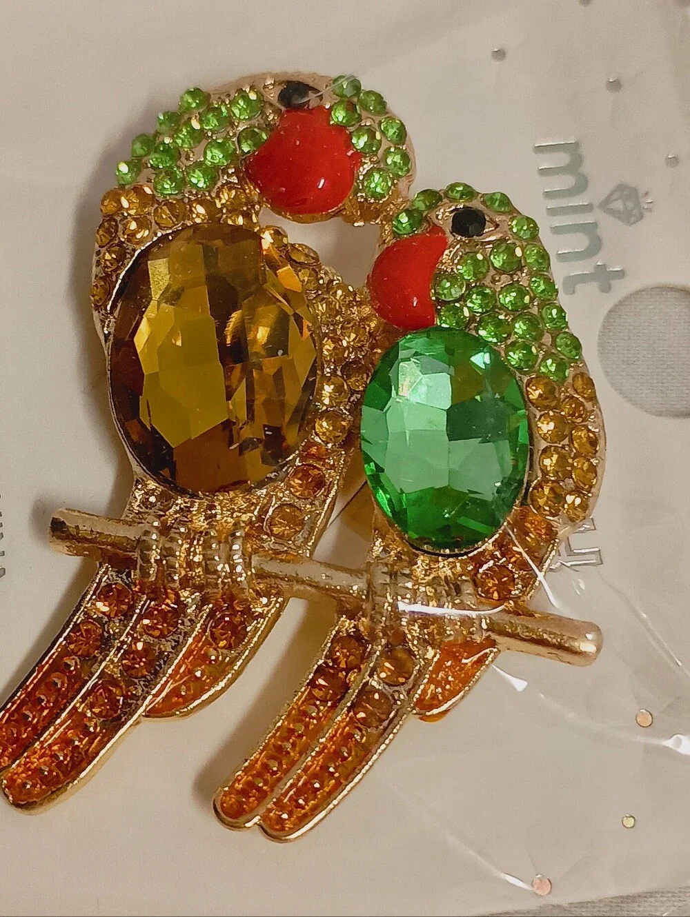 Colorful Rhinestone Parrot Brooch Pin  Gold Tone Tropical Bird Statement Jewelry